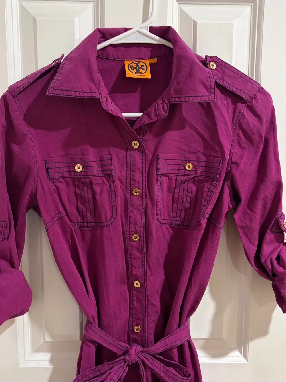 Tory Burch Deep Magenta Shirt Dress with Tie Waist